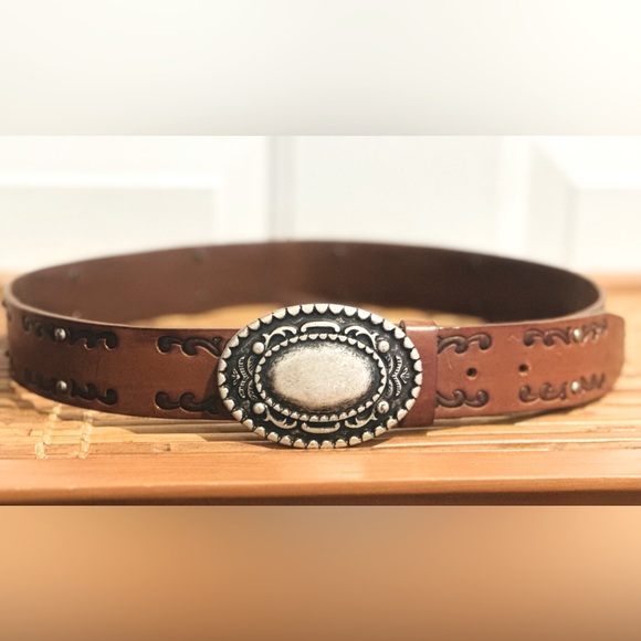 VTG TC Leather Tooled Genuine Cow Hide Leather Western Belt